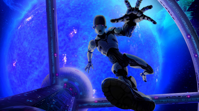 Robot flying earth space station free wallpaper for desktop - medium preview image