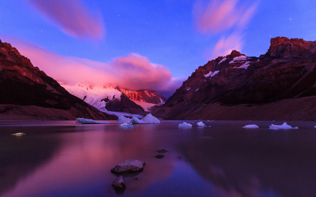 Mountain lake icebergs sunset pink free wallpaper for desktop - medium preview image