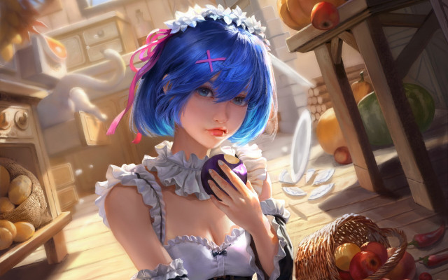 Blue haired woman purple object free wallpaper for desktop - medium preview image