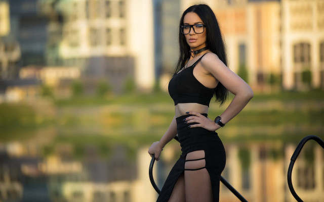 Woman black outfit portrait bicycle free wallpaper for desktop - medium preview image