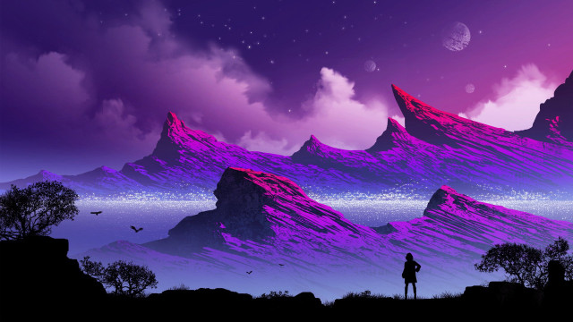 Mountain city skyline purple night free wallpaper for desktop - medium preview image