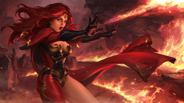 Fiery woman sword cave flames free wallpaper for desktop - medium preview image