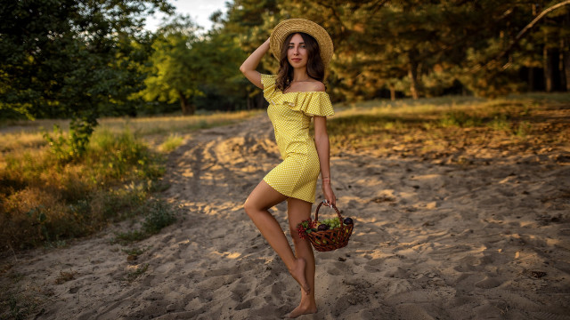 Woman yellow dress hat basket free wallpaper for desktop - medium preview image