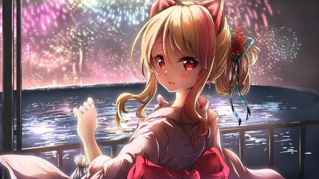 Girl fireworks kimono anime cat free wallpaper for desktop - medium preview image