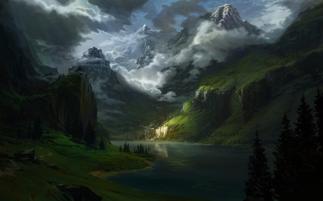 Mountain lake castle cloudy sky free wallpaper for desktop - medium preview image