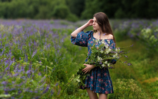 Flower field woman blue dress #2 free wallpaper for desktop - medium preview image