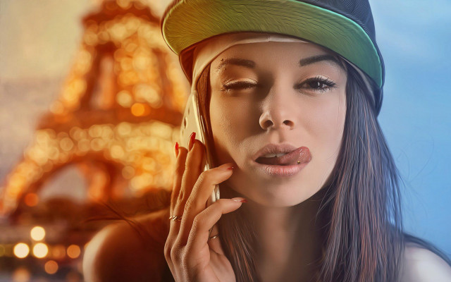 Eiffel tower woman phone paris free wallpaper for desktop - medium preview image