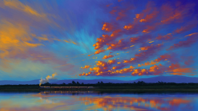 Train water clouds autumn sunset free wallpaper for desktop - medium preview image