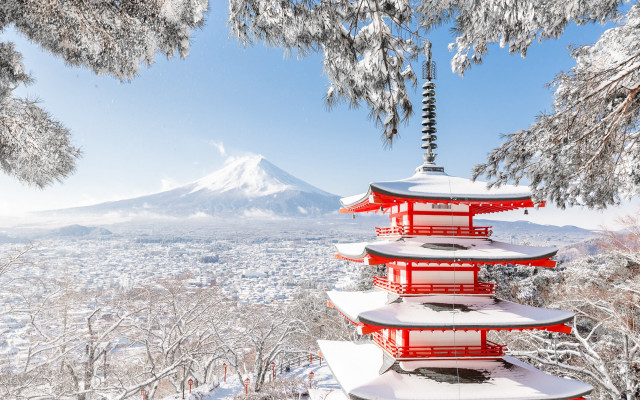 Red pagoda snow mountain ukiyo free wallpaper for desktop - medium preview image