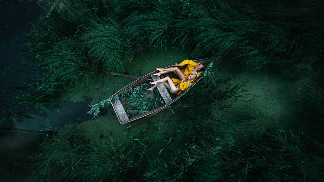 Woman yellow dress boat green free wallpaper for desktop - medium preview image