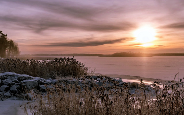 Sunset lake snow shore trees #2 free wallpaper for desktop - medium preview image