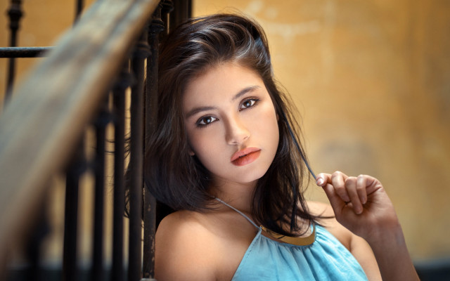 Woman blue dress portrait bokeh free wallpaper for desktop - medium preview image