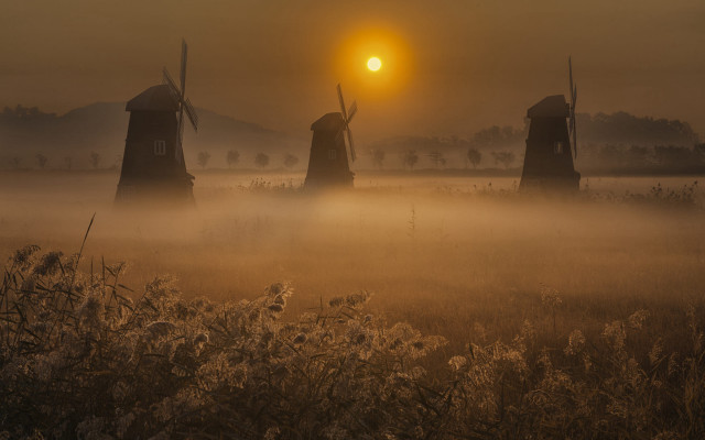 Foggy windmills sunset matte impressionism free wallpaper for desktop - medium preview image