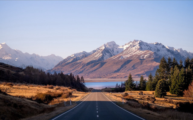 Mountain lake road forest sunset free wallpaper for desktop - medium preview image