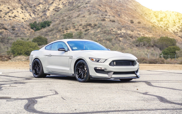 White mustang parking lot mountains free wallpaper for desktop - medium preview image