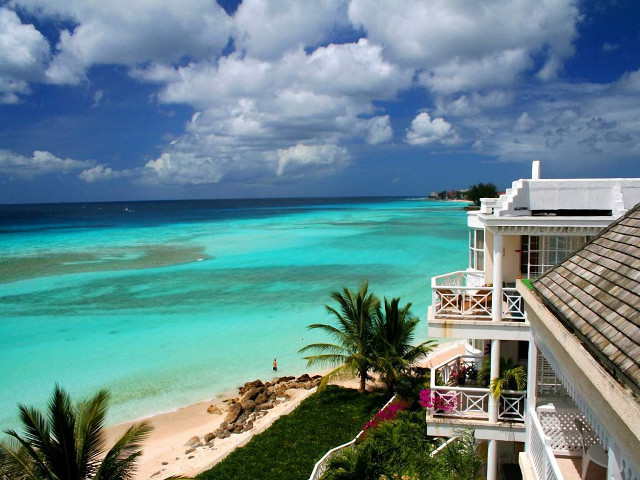Beach balcony ocean palm trees free wallpaper for desktop - medium preview image
