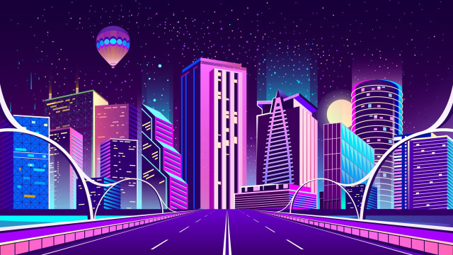 Cityscape cyberpunk synthwave night balloons free wallpaper for desktop - medium preview image