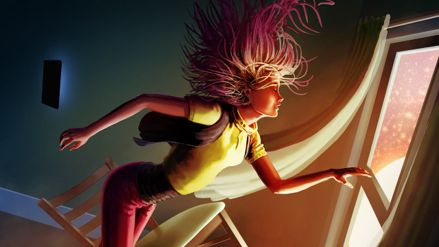 Pink haired woman ladder bright free wallpaper for desktop - medium preview image