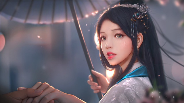 Woman umbrella blue ribbon fantasy free wallpaper for desktop - medium preview image
