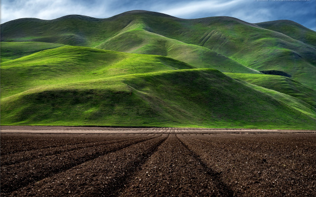 Green mountain plowed field blue free wallpaper for desktop - medium preview image