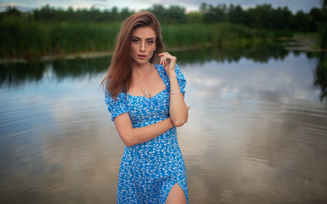 Woman blue dress lake portrait free wallpaper for desktop - medium preview image
