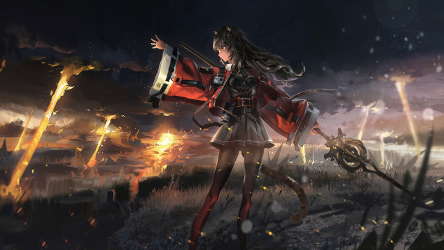 Woman red coat sword fire free wallpaper for desktop - medium preview image