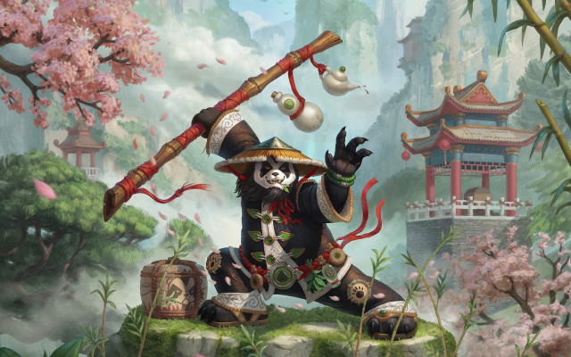 Panda bamboo forest flower pagoda free wallpaper for desktop - medium preview image