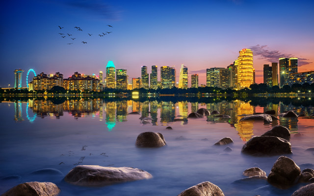 City skyline reflection dusk rocks free wallpaper for desktop - medium preview image
