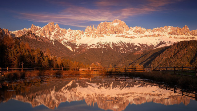 Mountain lake bridge reflection sunset free wallpaper for desktop - medium preview image