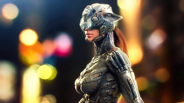 Futuristic woman cyberpunk helmet gun free wallpaper for desktop - medium preview image