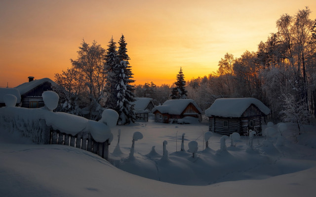 Snowy landscape sunset cabin trees free wallpaper for desktop - medium preview image
