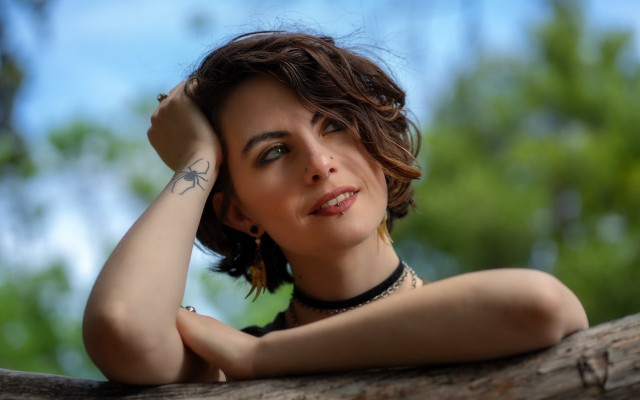 Woman tattoo leaning tree blue free wallpaper for desktop - medium preview image