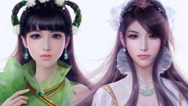 Two asian women green dresses free wallpaper for desktop - medium preview image