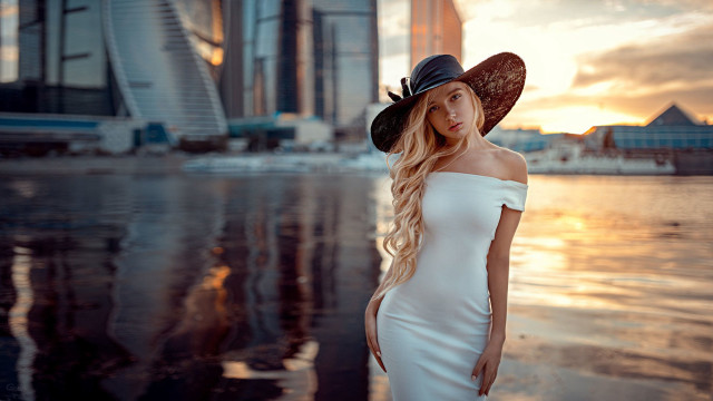 Woman white dress hat sunset #4 free wallpaper for desktop - medium preview image