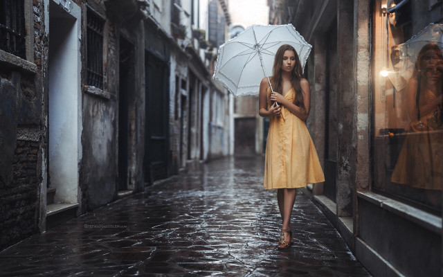 Woman yellow dress umbrella rain free wallpaper for desktop - medium preview image