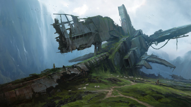 Ruined building hill sheep man free wallpaper for desktop - medium preview image