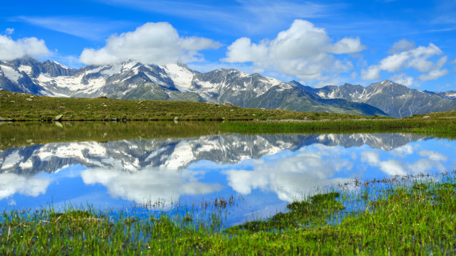 Mountain lake reflection grass flowers free wallpaper for desktop - medium preview image