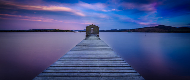 Dusk lake dock house purple free wallpaper for desktop - medium preview image