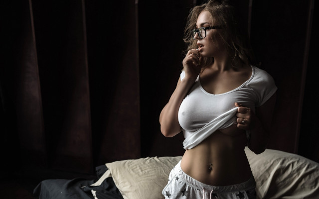 Woman white top shorts dark #2 free wallpaper for desktop - medium preview image