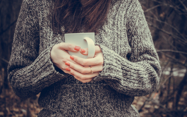 Woman holding cup forest gray free wallpaper for desktop - medium preview image