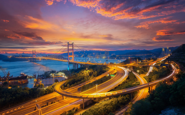 Bridge highway night sunset city free wallpaper for desktop - medium preview image