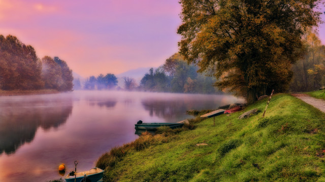 River boats path trees mystical free wallpaper for desktop - medium preview image