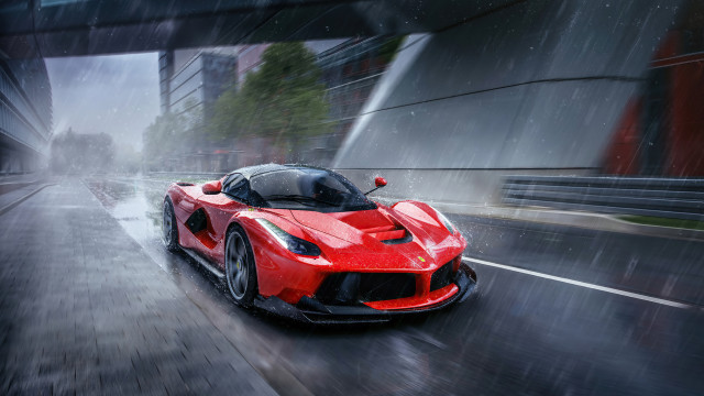 Red sports car rainy street free wallpaper for desktop - medium preview image
