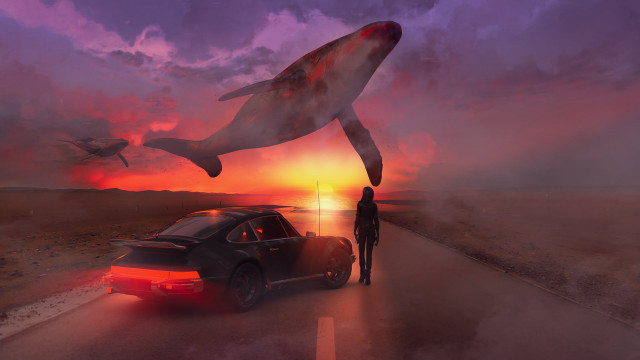 Car shark flying man retrofuturism free wallpaper for desktop - medium preview image