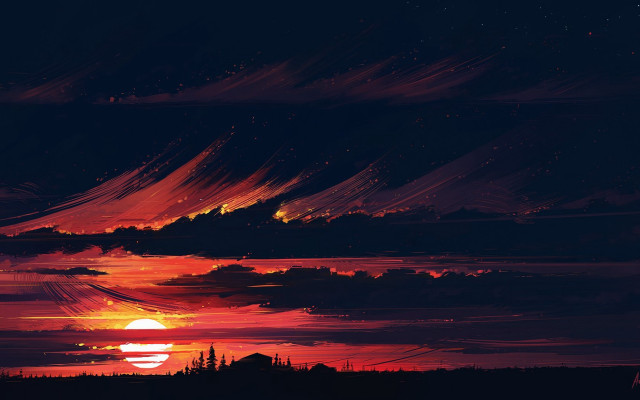 Sunset red sky clouds mountains free wallpaper for desktop - medium preview image