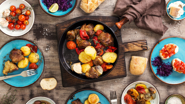 Food table meat vegetables rice free wallpaper for desktop - medium preview image