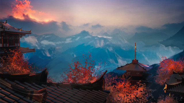 Mountain pagoda autumn leaves ceramic free wallpaper for desktop - medium preview image