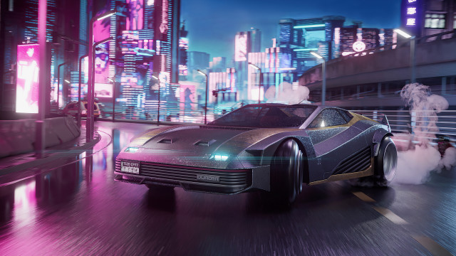Futuristic car cityscape neonlights bridge free wallpaper for desktop - medium preview image