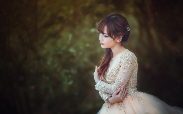 Woman dress tree portrait blurry free wallpaper for desktop - medium preview image