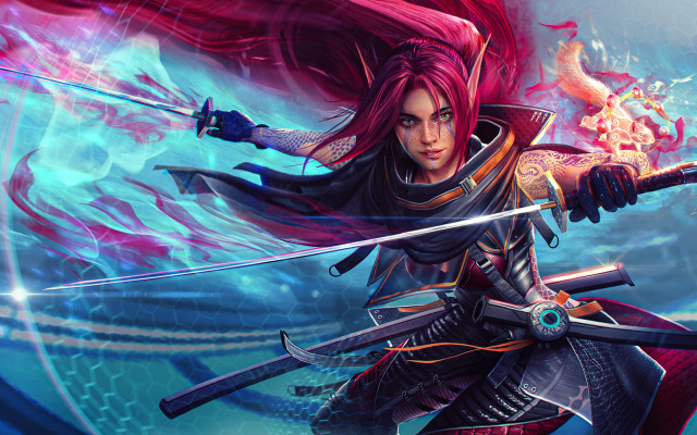 Red haired elf sword dragon free wallpaper for desktop - medium preview image